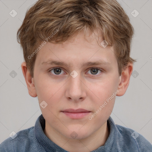 Neutral white young-adult male with short  brown hair and grey eyes