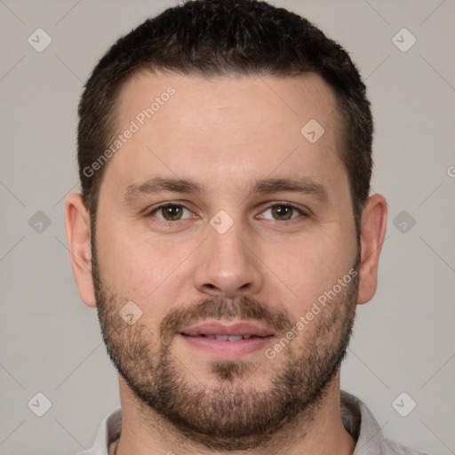 Neutral white young-adult male with short  brown hair and brown eyes