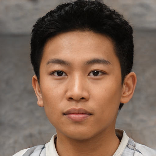 Neutral asian young-adult male with short  black hair and brown eyes