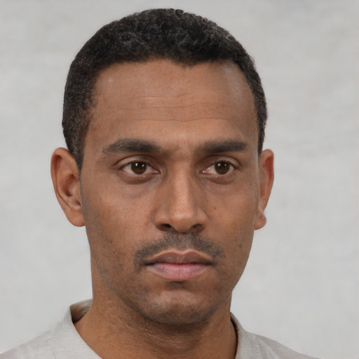 Neutral black young-adult male with short  black hair and brown eyes