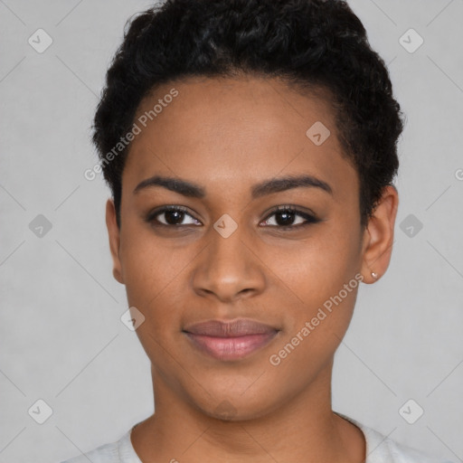 Joyful latino young-adult female with short  black hair and brown eyes