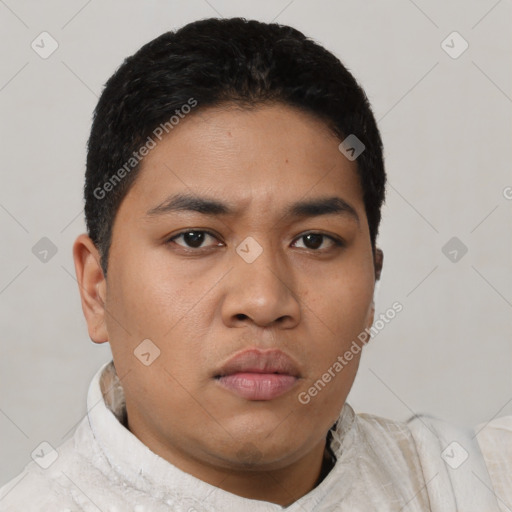 Neutral latino young-adult male with short  black hair and brown eyes