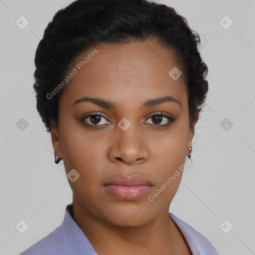 Neutral black young-adult female with short  black hair and brown eyes