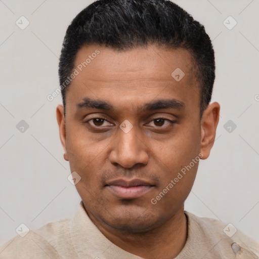 Neutral latino young-adult male with short  black hair and brown eyes