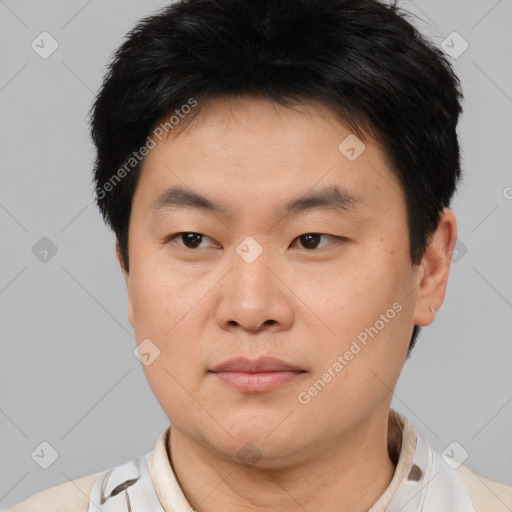 Neutral asian young-adult male with short  brown hair and brown eyes