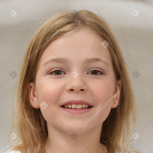 Joyful white child female with medium  brown hair and brown eyes