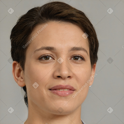 Joyful white young-adult female with short  brown hair and brown eyes