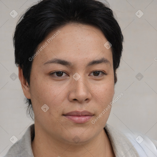 Joyful asian young-adult female with short  brown hair and brown eyes