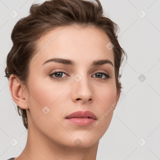 Neutral white young-adult female with short  brown hair and brown eyes