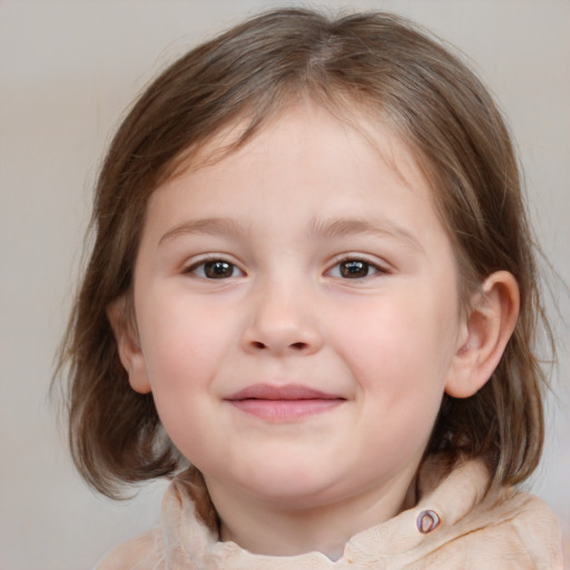 Joyful white child female with medium  brown hair and grey eyes