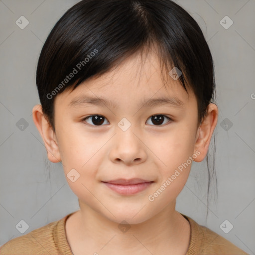 Joyful white child female with medium  brown hair and brown eyes