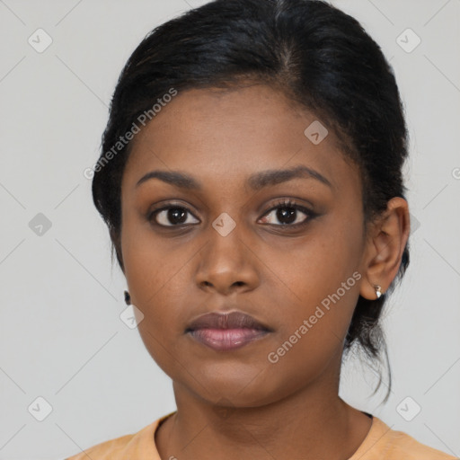 Neutral asian young-adult female with medium  black hair and brown eyes