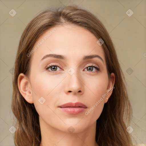 Neutral white young-adult female with long  brown hair and grey eyes