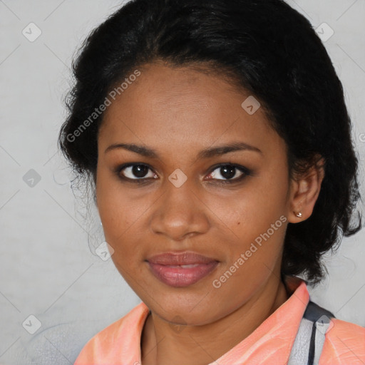 Joyful black young-adult female with medium  brown hair and brown eyes