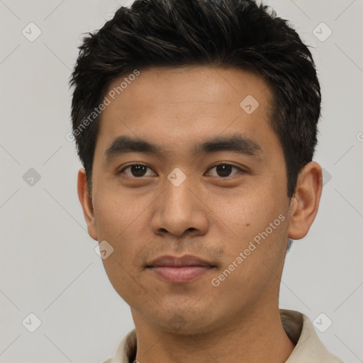 Neutral asian young-adult male with short  black hair and brown eyes