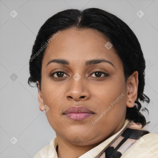 Joyful latino young-adult female with medium  black hair and brown eyes