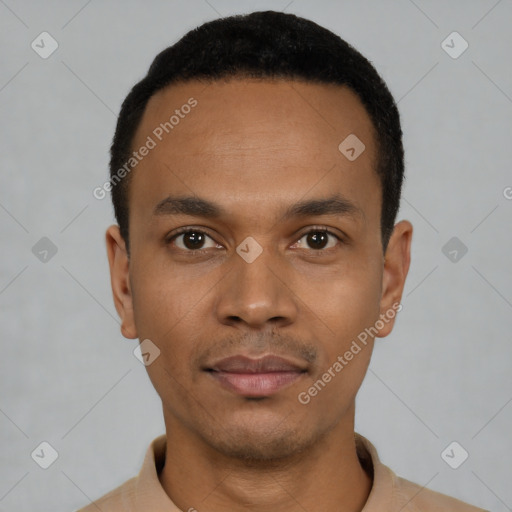 Neutral black young-adult male with short  black hair and brown eyes