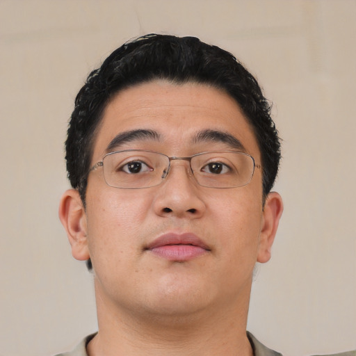 Neutral asian young-adult male with short  black hair and brown eyes