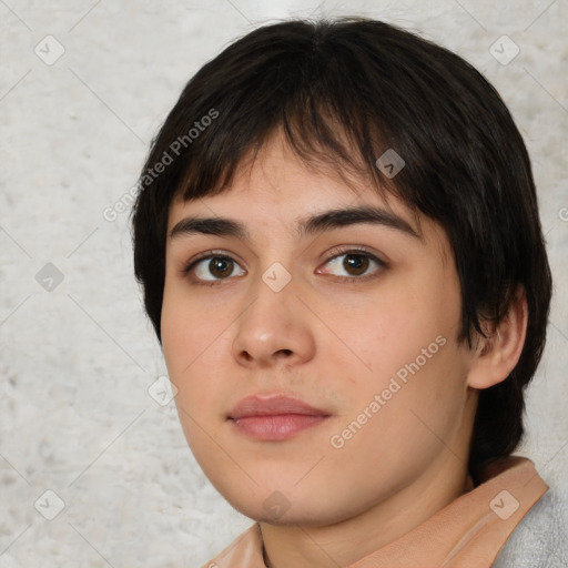 Neutral white young-adult female with short  brown hair and brown eyes