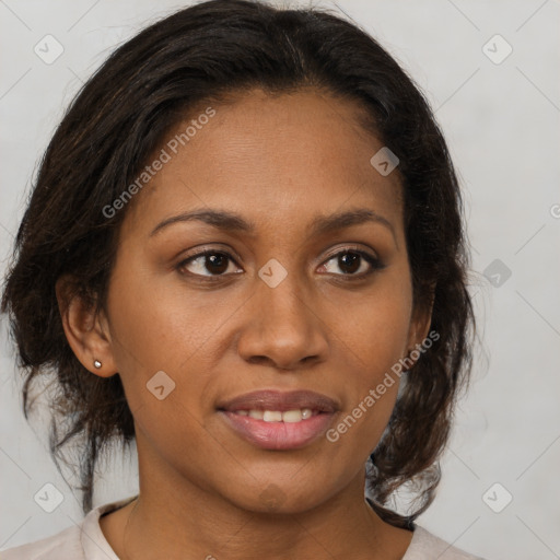 Joyful black young-adult female with medium  brown hair and brown eyes