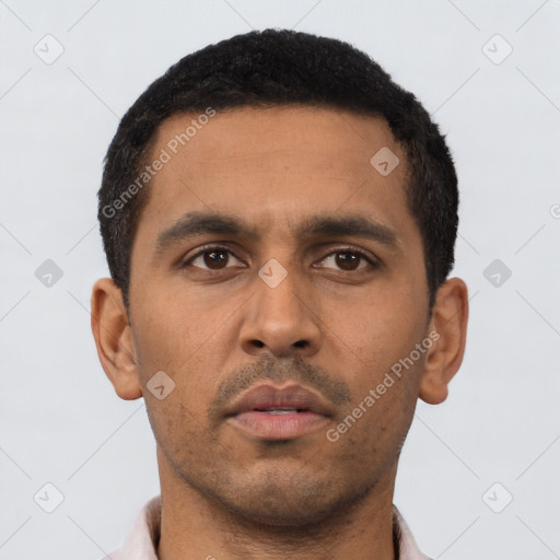 Neutral latino young-adult male with short  black hair and brown eyes