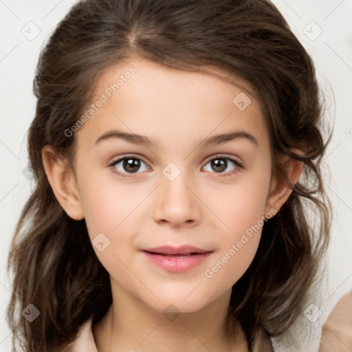 Joyful white child female with medium  brown hair and brown eyes