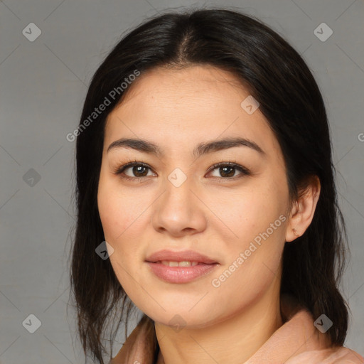 Joyful asian young-adult female with medium  brown hair and brown eyes