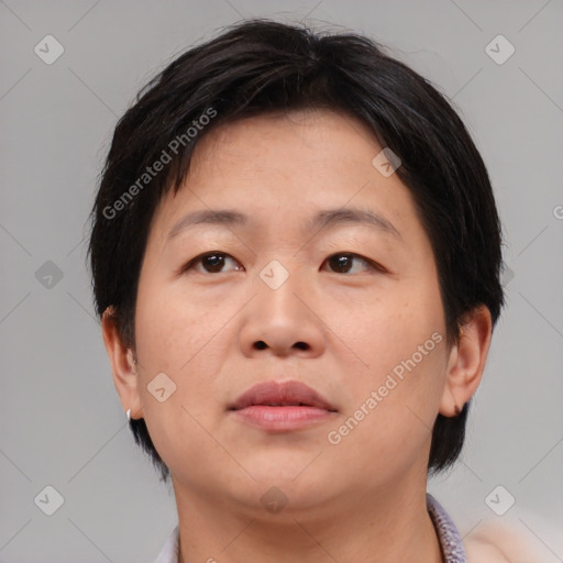 Neutral asian adult female with medium  brown hair and brown eyes