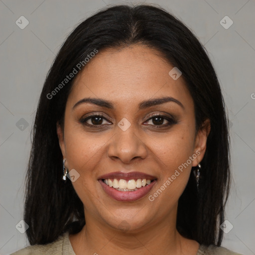 Joyful latino young-adult female with medium  brown hair and brown eyes