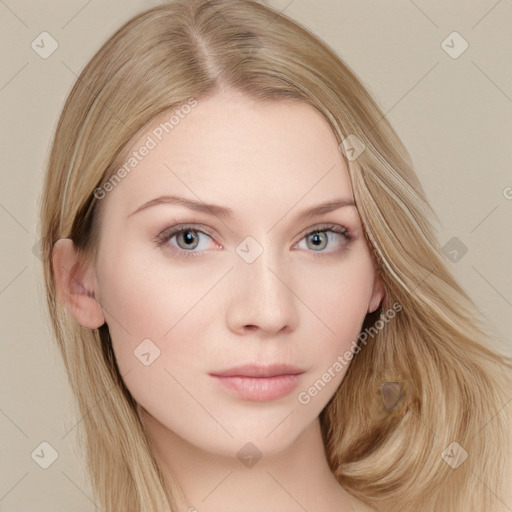 Neutral white young-adult female with long  brown hair and grey eyes