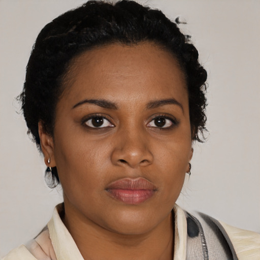 Neutral black young-adult female with short  black hair and brown eyes