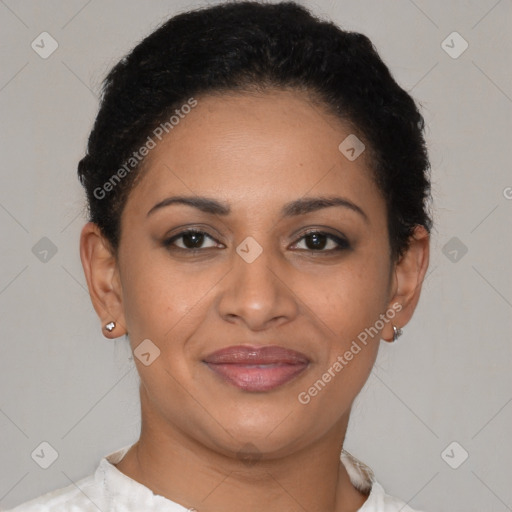 Joyful latino young-adult female with short  brown hair and brown eyes