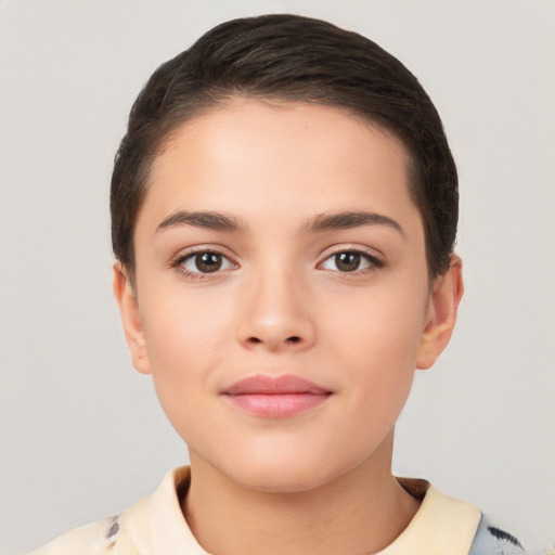 Neutral white young-adult female with short  brown hair and brown eyes