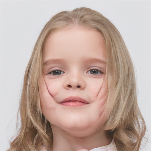 Joyful white child female with medium  brown hair and blue eyes