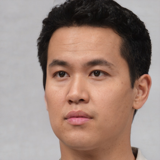 Neutral asian young-adult male with short  black hair and brown eyes