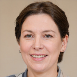 Joyful white adult female with medium  brown hair and brown eyes