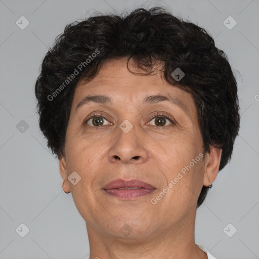 Joyful white adult female with short  brown hair and brown eyes