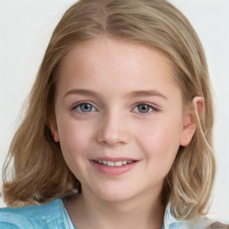 Joyful white child female with medium  brown hair and blue eyes