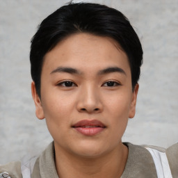 Joyful asian young-adult female with short  black hair and brown eyes