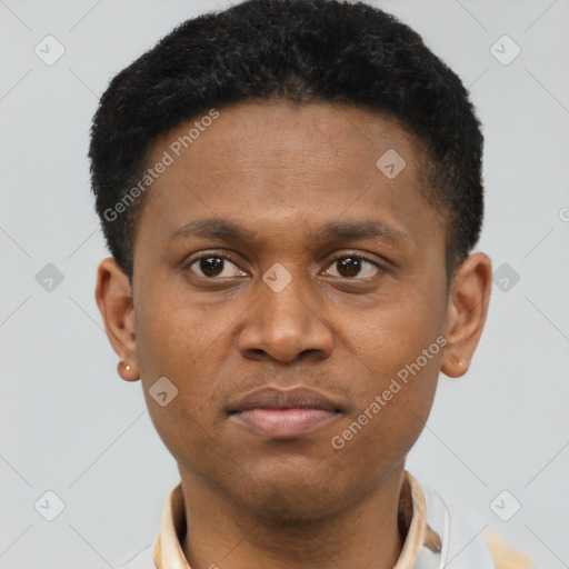 Neutral latino young-adult male with short  brown hair and brown eyes