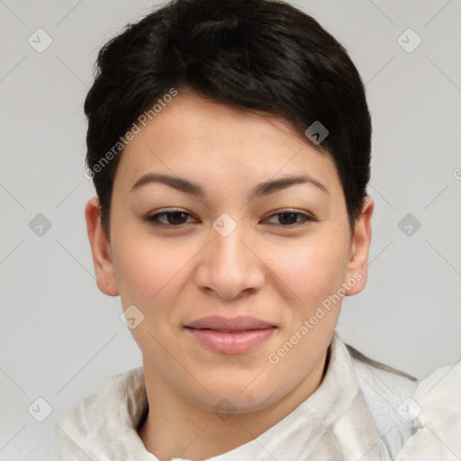 Joyful asian young-adult female with short  brown hair and brown eyes