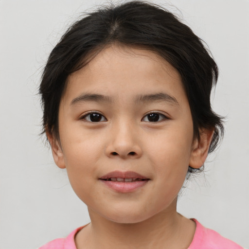Joyful white child female with medium  brown hair and brown eyes