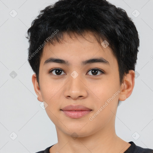 Joyful latino young-adult male with short  brown hair and brown eyes