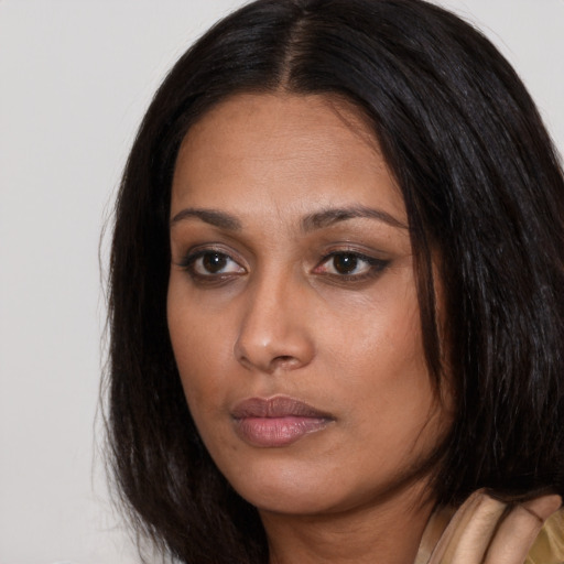 Neutral asian young-adult female with long  brown hair and brown eyes