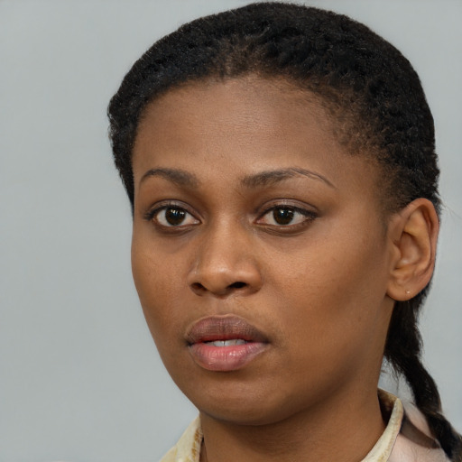 Neutral black young-adult female with short  brown hair and brown eyes