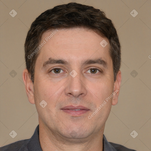 Neutral white adult male with short  brown hair and brown eyes