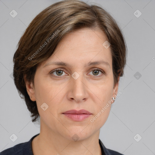 Joyful white adult female with medium  brown hair and grey eyes