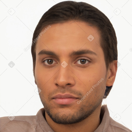 Neutral latino young-adult male with short  black hair and brown eyes