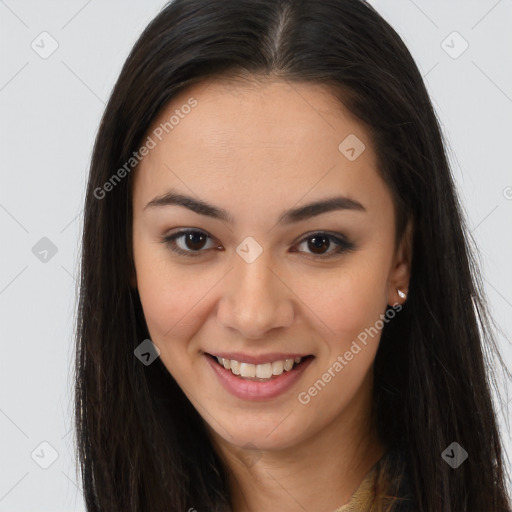 Joyful latino young-adult female with long  brown hair and brown eyes