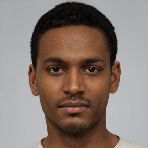 Neutral black young-adult male with short  black hair and brown eyes
